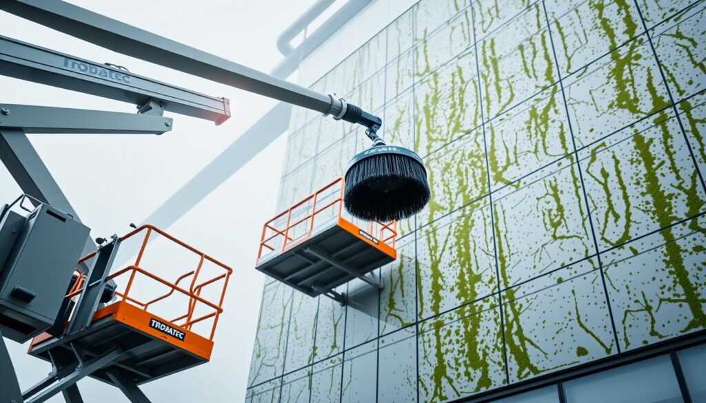 A professional telescopic cleaning rig for facade algae removal, designed by Trodatec. In the foreground, a sturdy telescopic boom extends from a mobile work platform, gripping a rotating brush head. The middle ground showcases the work platform, its hydraulic outriggers stabilizing it as it hovers near the facade. In the background, a modern commercial building with a textured, algae-stained surface stands ready to be restored. Soft, diffused lighting creates an atmospheric, industrial mood, while the camera angle emphasizes the scale and capabilities of the specialized Trodatec equipment.