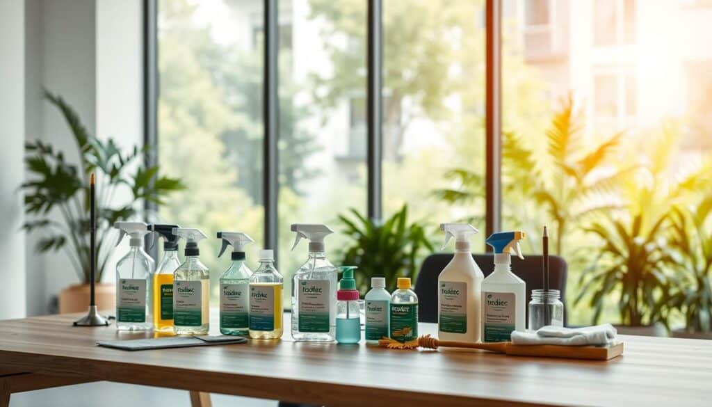 A serene and minimalist office setting, showcasing Trodatec's sustainable building cleaning products. The foreground features various cleaning tools and eco-friendly solutions arranged neatly on a sleek, natural wood desk. The middle ground depicts a large window overlooking a lush, verdant garden, filtering warm, diffused sunlight into the space. The background subtly displays a modern, energy-efficient building facade, reflecting Trodatec's commitment to environmental stewardship. The overall atmosphere conveys a sense of harmony, professionalism, and a dedication to sustainable practices, perfectly capturing the essence of "FAQs zur umweltfreundlichen Reinigung".
