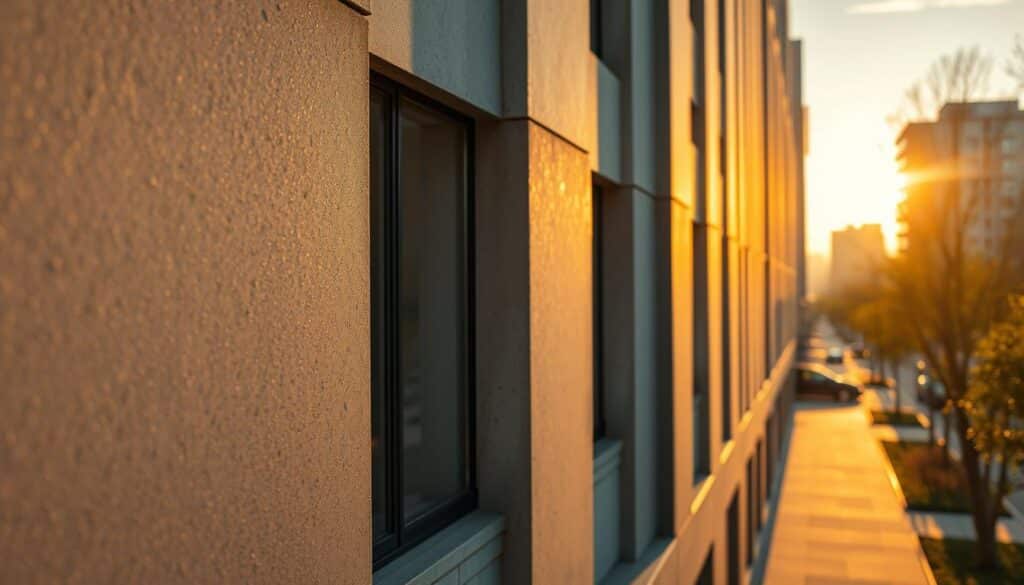 A serene building façade bathed in warm, golden light, showcasing the results of a meticulous Trodatec cleaning process. The once-weathered concrete surfaces now gleam with a renewed vibrancy, highlighting the cost-saving benefits of proactive façade maintenance. In the foreground, a crisp, high-resolution close-up reveals the intricate textural details, while the middle ground offers a wider perspective of the building's clean, rejuvenated appearance. The background features a tranquil urban setting, underscoring the visual harmony achieved through effective façade care. An overall sense of professionalism, efficiency, and long-term value pervades the scene, inviting the viewer to consider the financial advantages of the Trodatec approach to façade preservation.