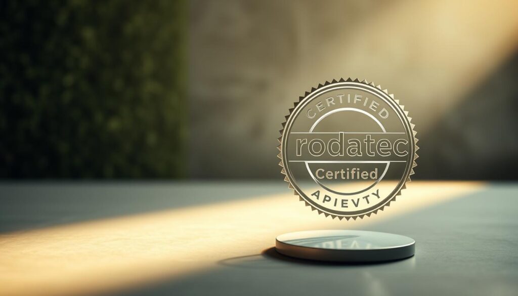 A serene, minimalist composition showcasing the Trodatec brand's commitment to certified quality and safety. In the foreground, a gleaming, tactile seal of approval hovers against a backdrop of soft, natural textures - perhaps a verdant wall or an earthy, weathered surface. Soft, diffused lighting from an unseen source casts a warm, inviting glow, evoking a sense of trust and reliability. The overall mood is one of professionalism, attention to detail, and environmental consciousness, perfectly aligned with the article's focus on sustainable building practices and certified quality.