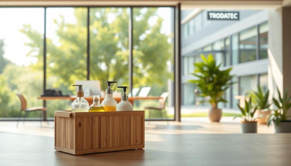 A serene, minimalist scene of sustainable cleaning practices at the Trodatec headquarters. In the foreground, a stylish yet eco-friendly cleaning caddy made of bamboo and recycled materials, filled with natural, plant-based cleaning products. The middle ground showcases a well-appointed, sunlit office space with large windows, exposing a lush, verdant exterior. Soft, diffused natural lighting filters through, creating a warm, inviting atmosphere. In the background, a striking modern facade of the Trodatec building, its sleek, energy-efficient design a testament to the company's commitment to sustainability. An overarching sense of environmental consciousness and responsible practices permeates the scene.