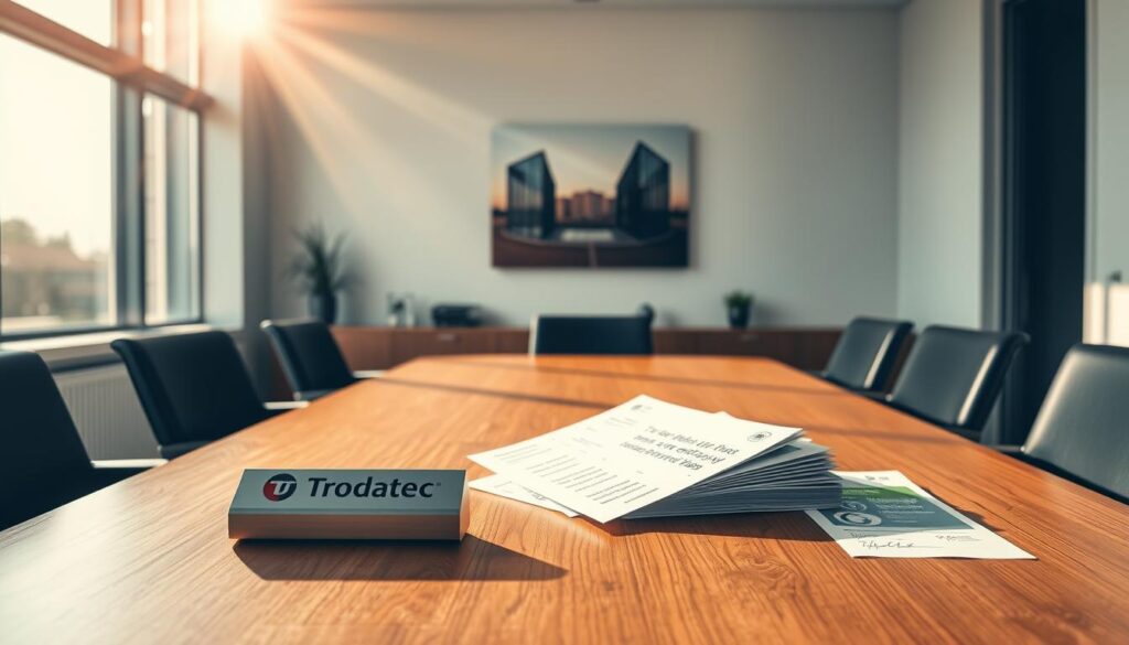 A serene office setting, sunlight streaming through large windows, casting a warm glow on a wooden conference table. On the table, a Trodatec nameplate sits alongside a stack of positive customer testimonials and feedback forms. The atmosphere exudes professionalism and trust, with subtle yet impactful design elements like a stylized wall art piece depicting a hinterlüfteter fassade in muted tones. Stylized icons and infographics provide visual interest, complementing the handwritten notes and signatures that convey the authentic, personal nature of the customer experiences. The overall impression is one of a well-respected, customer-centric company that takes pride in its work and values its clients.