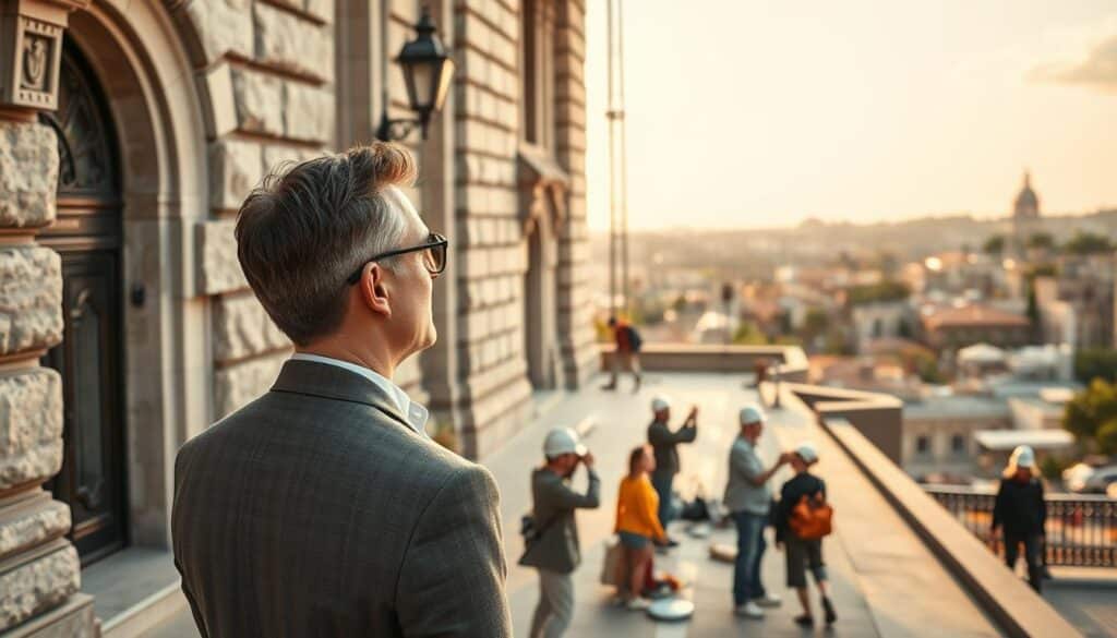 A serene outdoor scene showcasing the diverse target audiences of Trodatec, the experts in holistic natural stone facade care. In the foreground, a well-dressed professional admires the intricate details of a majestic stone building, capturing the attention of a passing tourist taking photographs. In the middle ground, a group of construction workers diligently maintain the facade, utilizing Trodatec's specialized tools and techniques. The background features a picturesque cityscape, where homeowners and business owners appreciate the timeless elegance of the expertly preserved natural stone. Warm, natural lighting illuminates the scene, conveying a sense of pride and accomplishment in the skilled care of these architectural treasures.