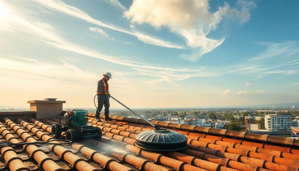 A serene rooftop scene with an environmentally-friendly roof cleaning system in action. In the foreground, a Trodatec mechanical scrubber gently removes accumulated dirt and moss from the tiles, without the use of harsh chemicals. Soft, natural lighting filters through wispy clouds, creating a warm, tranquil atmosphere. In the middle ground, a skilled technician in protective gear carefully oversees the process, ensuring maximum efficiency and minimal environmental impact. The background features a picturesque urban landscape, showcasing the sustainable approach to building maintenance. The overall composition emphasizes the harmony between effective roof cleaning and eco-friendly practices.
