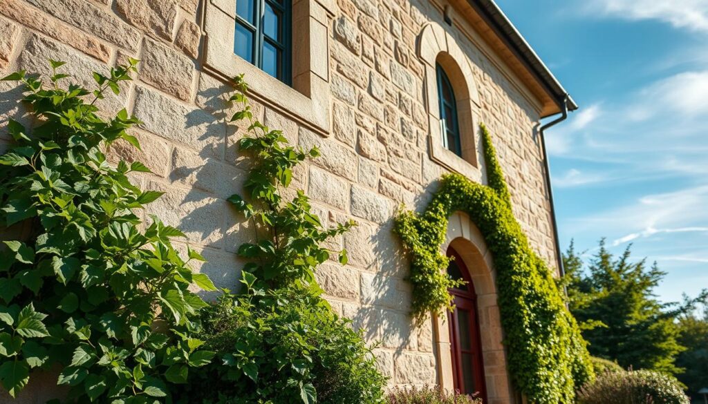 A serene, well-maintained facade, protected from unsightly mold and mildew. In the foreground, a Trodatec anti-mold treatment is being carefully applied, its specialized formula penetrating deep into the porous surface. The middle ground features lush, verdant greenery - climbing vines and flourishing shrubs - complementing the clean, weathered stone. Soft, diffused lighting illuminates the scene, casting warm, natural shadows that accentuate the texture and depth. In the background, a clear blue sky with wispy clouds, conveying a sense of tranquility and long-lasting protection against the elements. The overall atmosphere exudes a timeless, well-maintained elegance, showcasing the effectiveness of the Trodatec solution for lasting mold prevention.