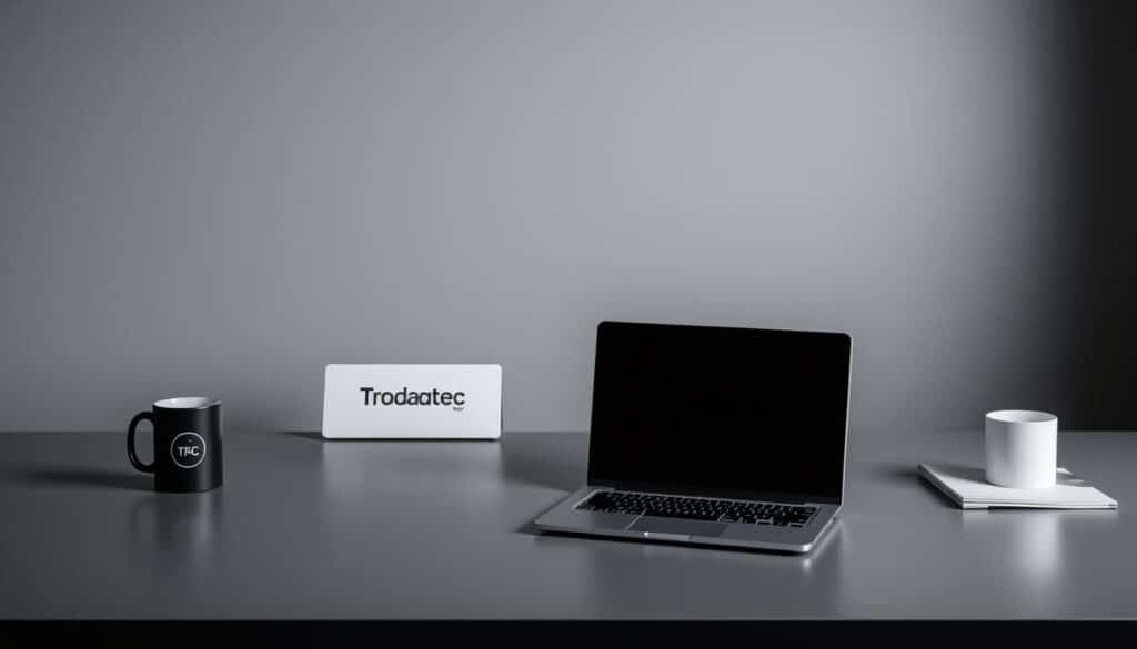 A sleek and modern office desk, neatly arranged with a laptop, a branded mug, and a well-designed nameplate that reads "Trodatec" in a clean, professional font. The desk is set against a minimalist, gray-toned background, with subtle shadows and soft lighting creating a sense of depth and atmosphere. The overall impression is one of efficiency, attention to detail, and a commitment to quality craftsmanship, reflecting the expertise and professionalism of the "Trodatec" brand.