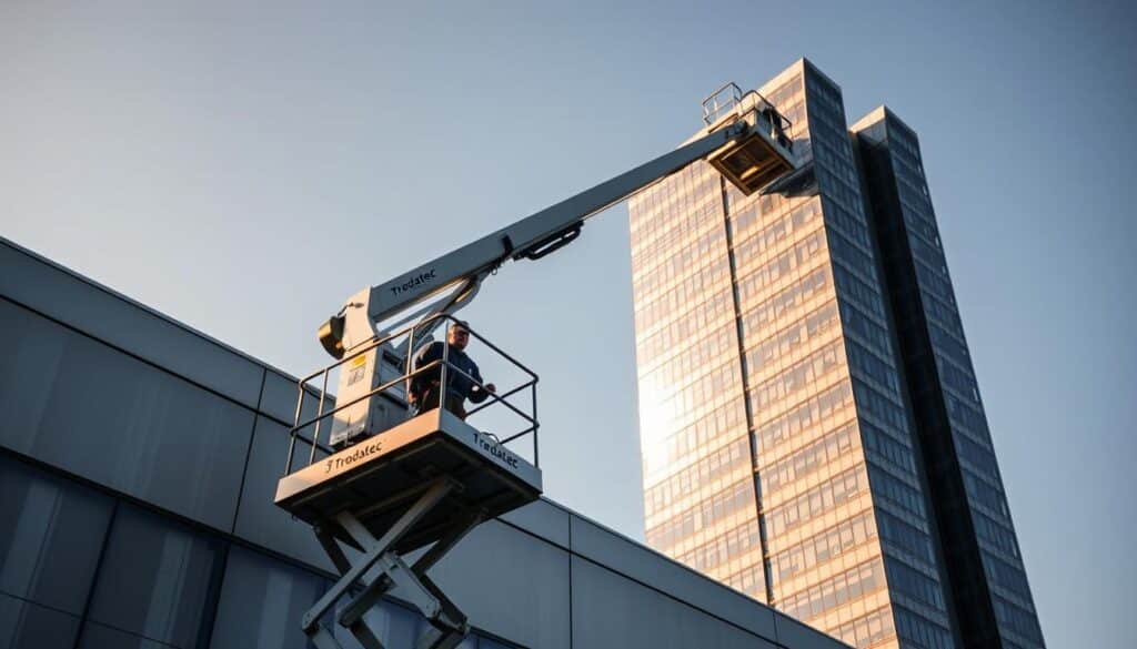 A sleek, modern aerial work platform by Trodatec, its sturdy aluminum chassis and hydraulic lift system allowing workers to safely access high facades for meticulous cleaning. The platform's articulated arm extends gracefully, bathed in warm, directional lighting that casts dramatic shadows, conveying the precision and care required for this specialized task. In the background, a towering, gleaming aluminum-clad building stands testament to the effective techniques of the facade maintenance experts.