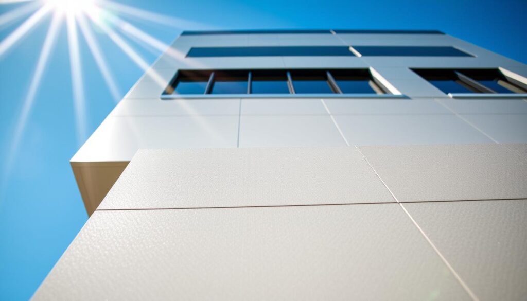 A sleek, modern building facade made of durable, low-maintenance Trodatec plastic panels. The facade is pristine, showcasing a glossy, weatherproof finish that protects against the elements. Sunlight glints off the surface, creating a warm, welcoming atmosphere. In the foreground, a close-up view highlights the intricate texture and elegant design of the Trodatec panels. The middle ground features the full facade, with clean lines and a harmonious color palette. In the background, a clear blue sky completes the serene, sophisticated scene, demonstrating the long-lasting protection and aesthetic appeal of Trodatec's facade solution.