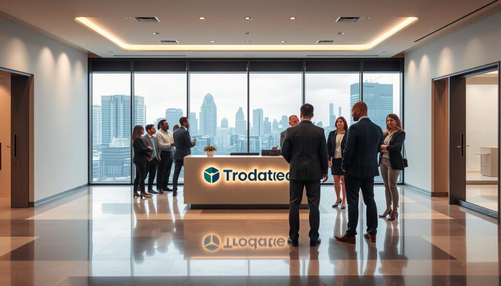 A sleek, modern office lobby with floor-to-ceiling windows overlooking a cityscape. In the foreground, a group of professionals in business attire engaged in lively conversation, representing the diverse clientele of Trodatec, a leading provider of professional building cleaning services. The middle ground features a prominent Trodatec logo displayed on a minimalist reception desk, conveying the company's brand identity. The background showcases the urban landscape, suggesting Trodatec's wide-ranging expertise in servicing commercial and residential properties. Soft, warm lighting creates a welcoming atmosphere, while a carefully curated color palette of greys, whites, and accents of blue and green reflects Trodatec's commitment to professionalism and innovation.