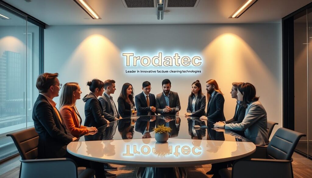 A sleek, modern office setting with a diverse group of professionals engaged in discussion around a stylish conference table. The scene features the Trodatec brand prominently displayed on the wall, reflecting its position as a leader in innovative facade cleaning technologies. Warm, directional lighting illuminates the space, creating a sense of professionalism and innovation. The employees, representing a range of ages and ethnicities, are dressed in business attire and appear deeply engaged, conveying the idea of Trodatec's target audience - a discerning, forward-thinking clientele seeking cutting-edge solutions. The overall atmosphere is one of collaboration, expertise, and a commitment to excellence.