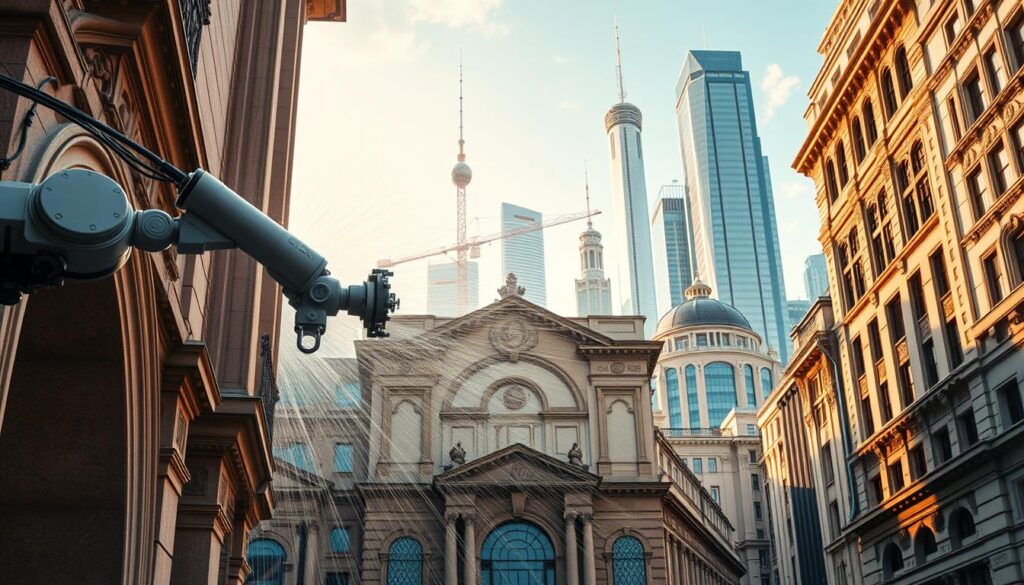 A state-of-the-art facade cleaning system using advanced Trodatec technology. In the foreground, a robotic arm delicately scrubs intricate architectural details, while high-powered water jets gently remove grime and pollutants. The middle ground showcases a historic building's facade, its ornate carvings and weathered stone restored to their former glory. The background depicts a futuristic cityscape, where skyscrapers and modern structures coexist harmoniously with preserved historic landmarks, all kept pristine through Trodatec's innovative cleaning solutions. Warm lighting and a sense of tranquility convey the efficiency and environmental sensitivity of this cutting-edge facade maintenance system.