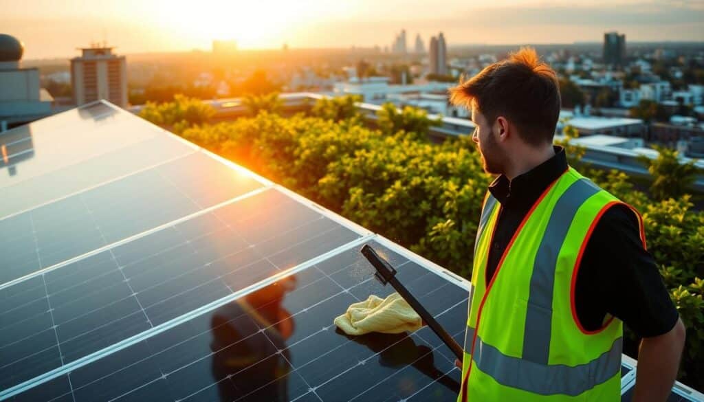 A technician in a yellow safety vest carefully cleaning the solar panels of a Trodatec rooftop solar installation, using a squeegee and a microfiber cloth to remove dust and grime. The afternoon sun casts warm, natural lighting across the scene, highlighting the sleek, modern design of the solar panels. In the background, a lush green rooftop garden and the cityscape beyond create a harmonious, eco-friendly setting. The focus is on the meticulous, sustainable maintenance of the renewable energy system, conveying a sense of environmental responsibility and efficiency.