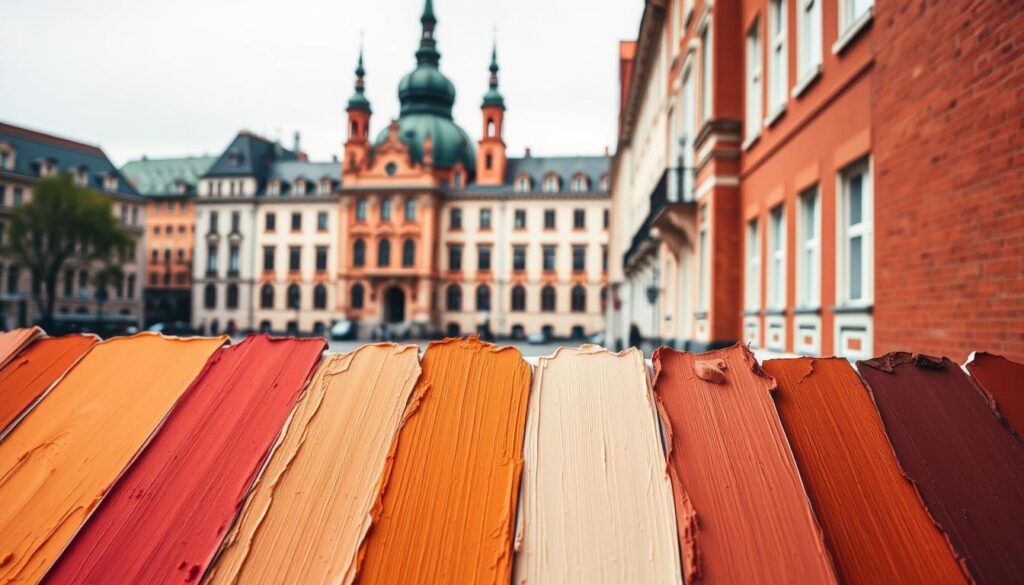 A vibrant display of Fassadenfarben, the exterior paint colors that adorn the facades of buildings in Leipzig. In the foreground, a rich palette of warm hues, from earthy ochres to vibrant terracottas, showcasing the diverse range of Trodatec's high-quality paints. The middle ground features textured brushstrokes, capturing the depth and character of the various finishes. In the background, the stately architecture of the city serves as a backdrop, the colors harmonizing with the historic structures. Soft, diffused lighting creates a sense of depth and atmosphere, highlighting the nuances of each paint shade. This image embodies the perfect balance of tradition and modernity, reflecting the optimal Fassadenfarben for the unique architectural landscape of Leipzig.