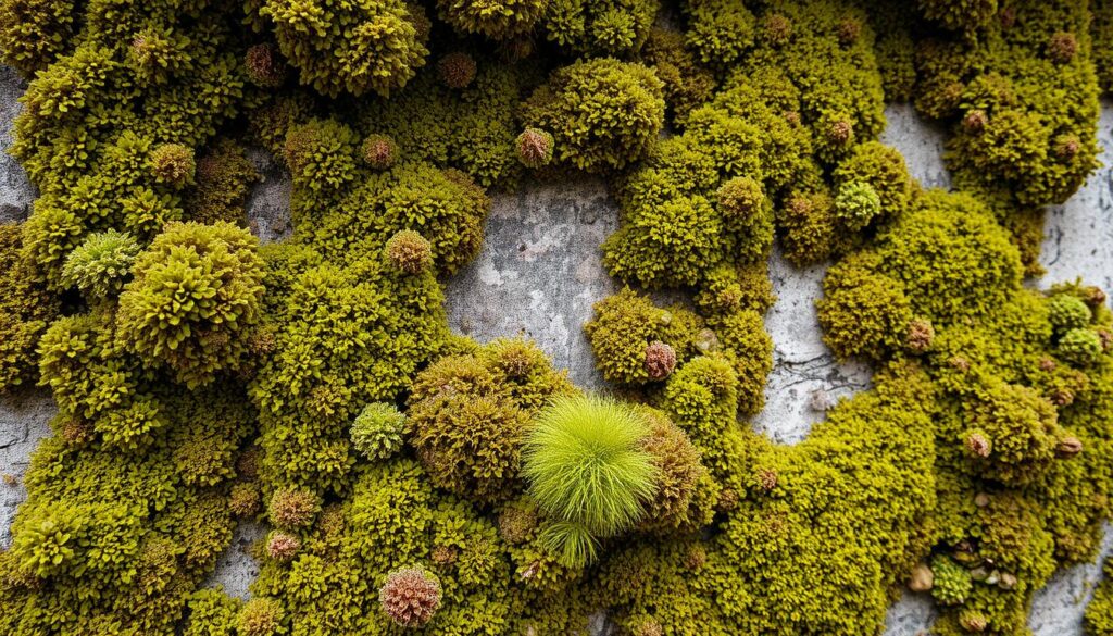 A vibrant display of various algae species thriving on the weathered facades of buildings in the city of Essen. Intricate patterns of green, brown, and reddish hues cling to the textured surfaces, creating a captivating natural tapestry. The scene is bathed in a soft, diffused lighting that accentuates the organic textures and subtle color variations. In the foreground, distinct types of algae are visible, each with its unique characteristics - some filamentous, others encrusting, and a few with delicate, lace-like structures. The middle ground reveals the interplay of these diverse algal communities, while the background showcases the architectural details and weathering of the Trodatec-treated facades, providing context for this verdant, urban ecosystem.