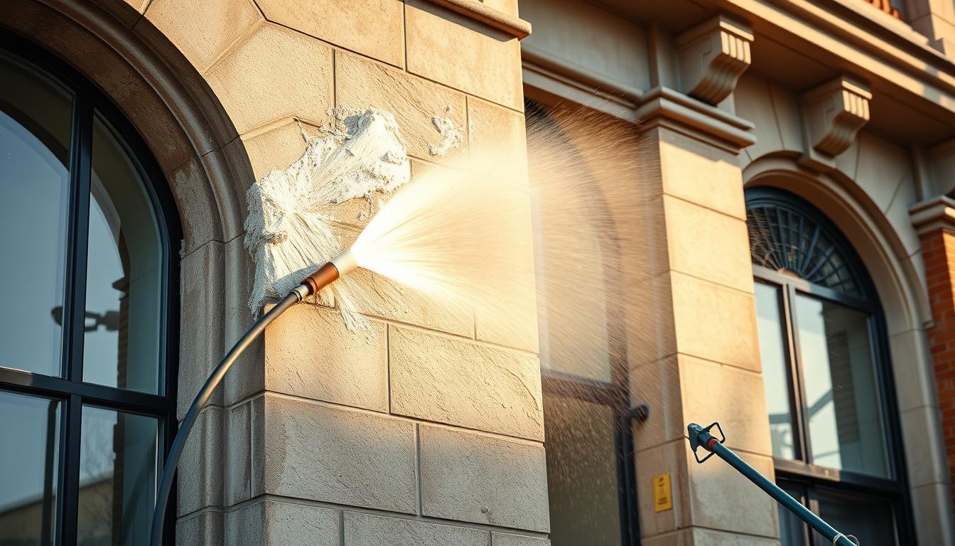 A vibrant, high-resolution photograph of a commercial building facade being gently cleaned by the Trodatec team. The scene depicts trained technicians using specialized equipment to meticulously remove dirt, grime, and debris from the stone, brick, or concrete surface, revealing its original luster. Warm, diffused natural lighting illuminates the process, casting soft shadows and highlights. The composition showcases the building's architectural details and the skilled, sustainable approach Trodatec takes to preserving the integrity of historic and modern structures. An atmosphere of careful, diligent work pervades the image, reflecting Trodatec's commitment to environmental responsibility and craftsmanship.