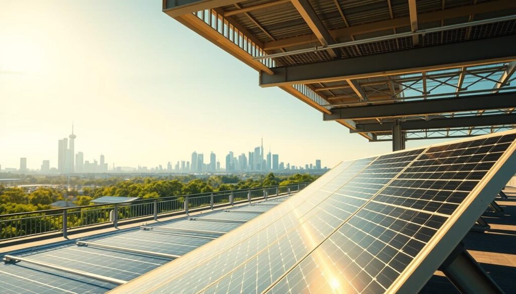 A well-lit, expansive rooftop scene showcasing Trodatec's eco-friendly steel constructions. In the foreground, a sleek, modern solar panel array stands proud, its reflective surfaces gleaming under the warm afternoon sun. The middle ground features a series of stylized steel beams and supporting structures, their minimalist design blending seamlessly with the clean lines of the solar panels. In the background, a cityscape of towering skyscrapers and lush greenery creates a serene, urban environment. The overall mood is one of technological innovation and environmental sustainability, highlighting Trodatec's commitment to sustainable construction solutions.
