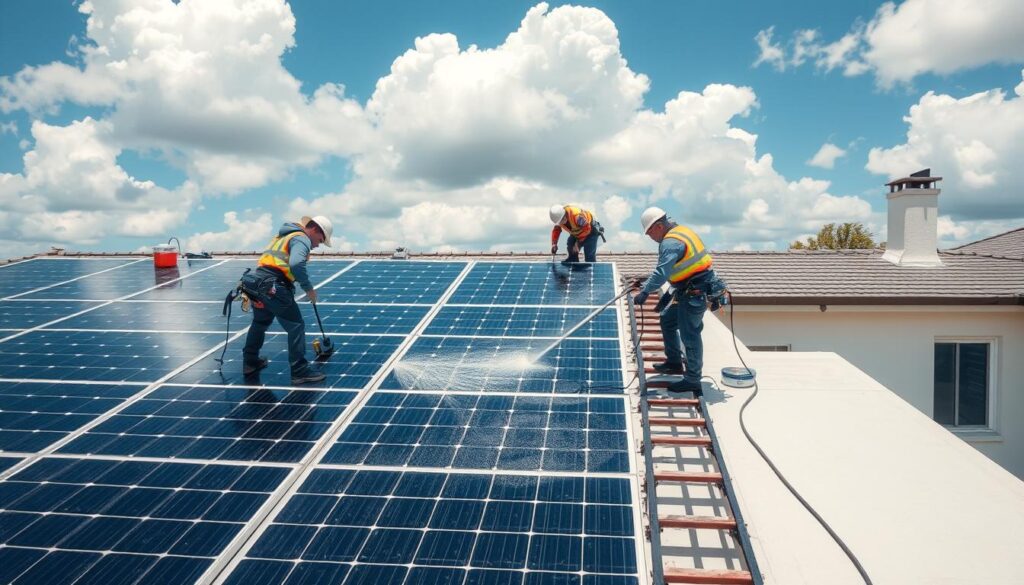 A well-lit, high-angle view of a residential rooftop solar panel array being meticulously cleaned by a team of technicians from Trodatec. The workers, wearing protective gear, are using specialized tools and cleaning solutions to remove dust, grime, and debris from the solar panels, ensuring optimal energy efficiency and performance. The clean, modern architecture of the building provides a sleek, sustainable backdrop, with the bright blue sky and fluffy white clouds overhead creating a serene, environmentally-conscious atmosphere.