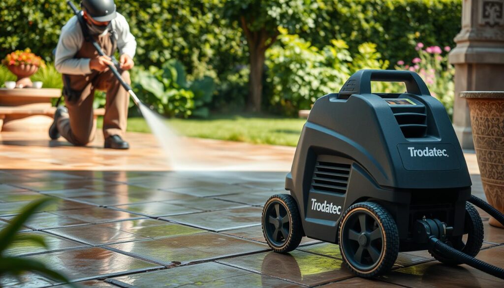 A well-lit outdoor scene showing a person using a high-pressure water cleaner to effectively remove dirt and grime from a stone terrace. The foreground features the person in a kneeling position, dressed in protective gear, carefully cleaning the paved surface with the powerful jet of water. The middle ground showcases the clean and renewed appearance of the terrace, with the Trodatec logo prominently displayed on the equipment. The background presents a lush, verdant garden setting, creating a pleasant and serene atmosphere.
