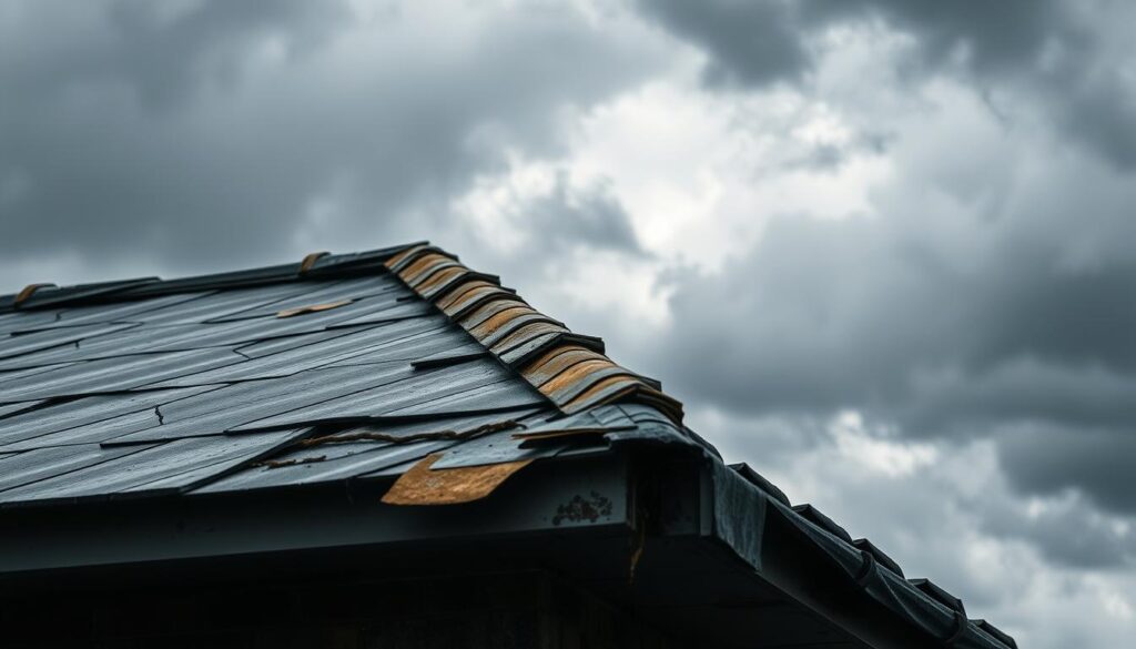 A worn, dilapidated roof with cracks and peeling Trodatec coating. The surface is uneven, marred by weather damage and poor application. In the gloomy, overcast sky, dark clouds loom, casting an ominous shadow over the scene. The image conveys the risks of improper roof coating - structural damage, leaks, and the need for costly repairs. The overall atmosphere is one of neglect and impending disaster, a cautionary tale about the importance of professional, high-quality roof coatings. The composition emphasizes the crumbling, weathered state of the roof, drawing the viewer's attention to the central problem.
