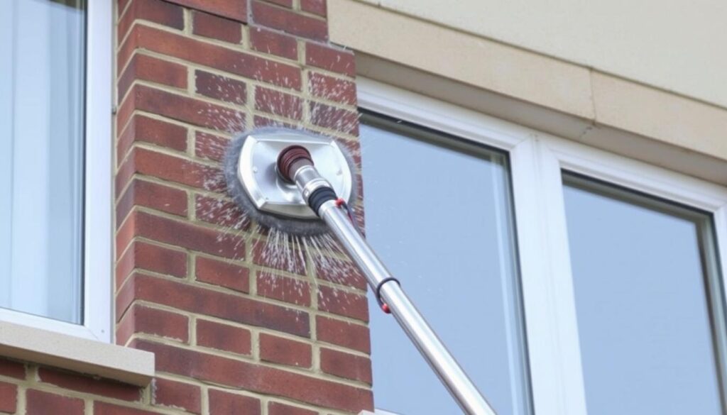 Bild einer Teleskopstange bei der Fassadenreinigung