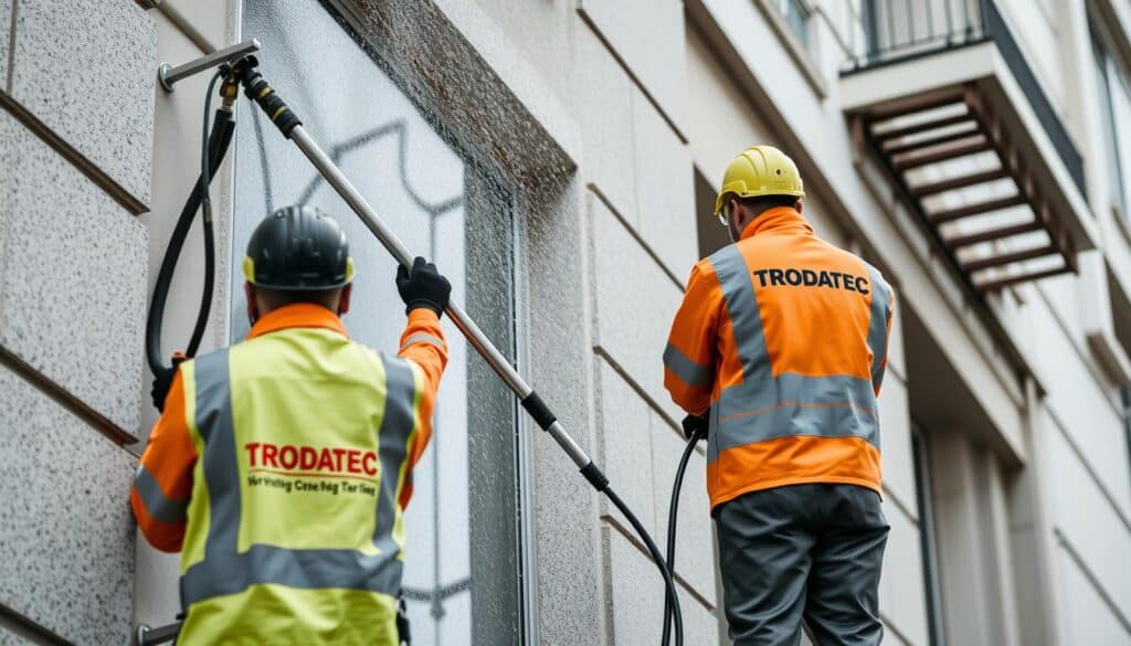 Ein Bild von TRODATEC-Experten bei der Fassadenreinigung