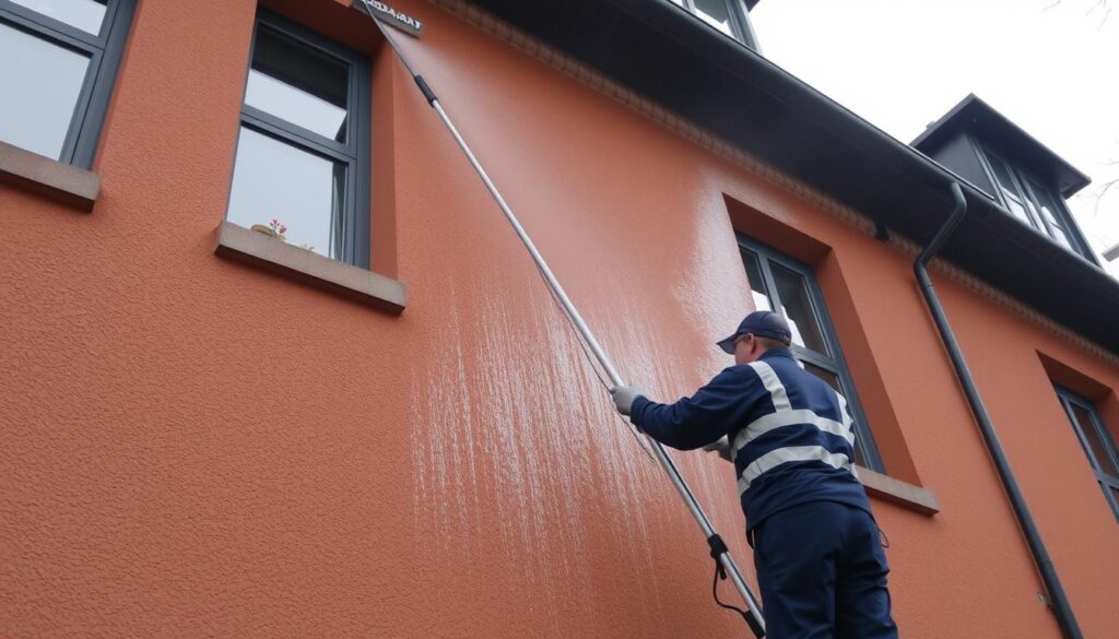Ein Bild von TRODATEC-Experten bei der Fassadenreinigung im Ruhrgebiet