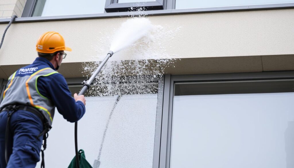 Ein Bild von TRODATEC-Mitarbeitern bei der Fassadenreinigung