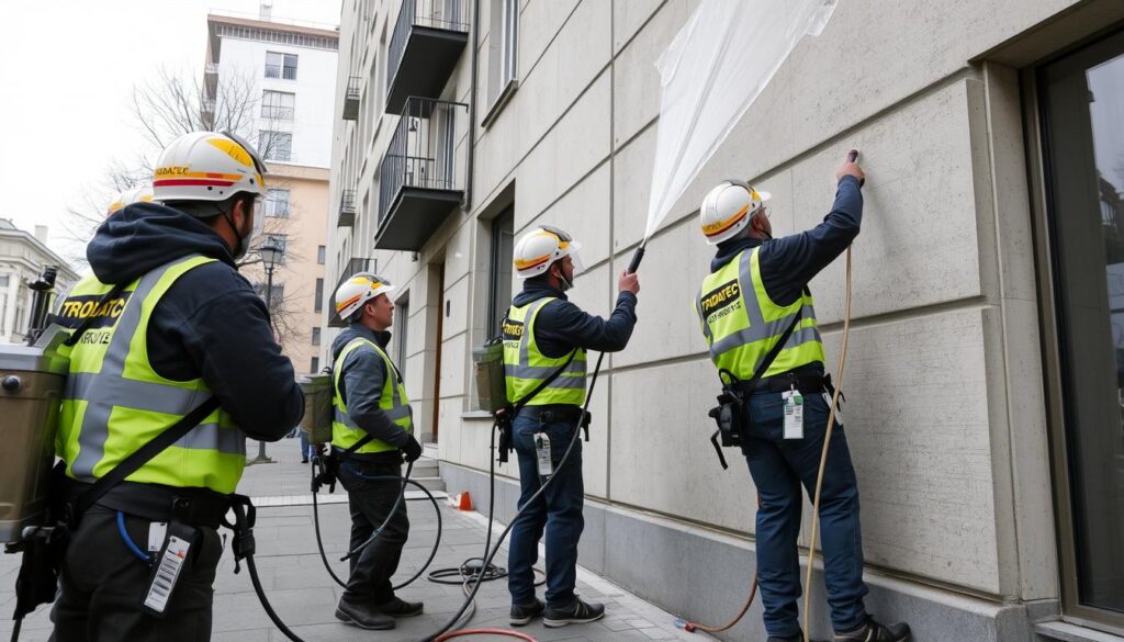 Ein Bild von TRODATEC-Mitarbeitern bei der Fassadenreinigung in Berlin