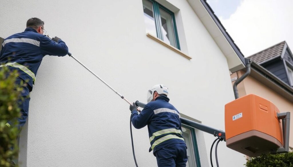 Ein Bild von TRODATEC-Mitarbeitern bei der Fassadenreinigung mit TÜV-zertifizierten Geräten