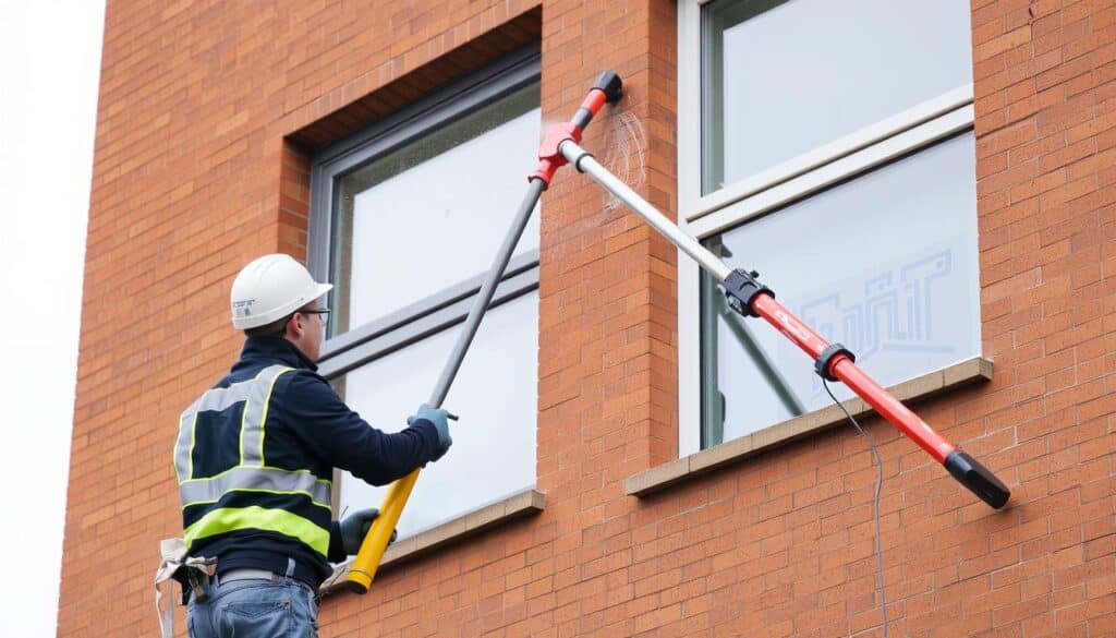 Ein Bild von TRODATEC-Mitarbeitern bei der Fassadenreinigung mit Teleskoptechnik