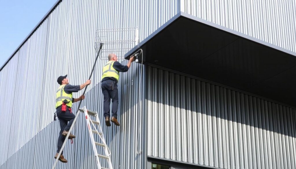 Ein Bild von Trodatec's Reinigungsteam bei der Arbeit an einer Metallfassade