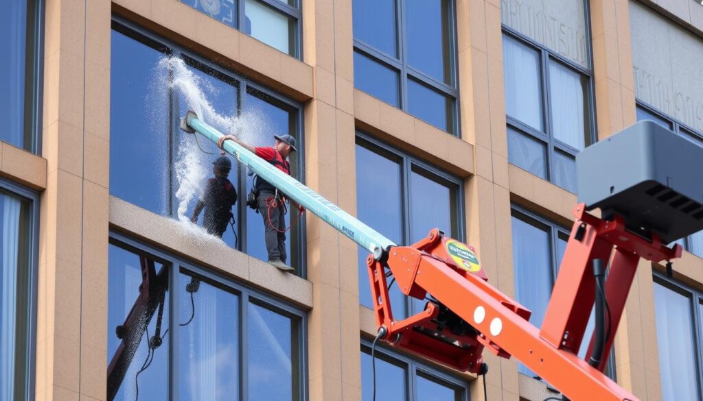 Ein Bild von einer Fassade, die mit Teleskoptechnik gereinigt wird.