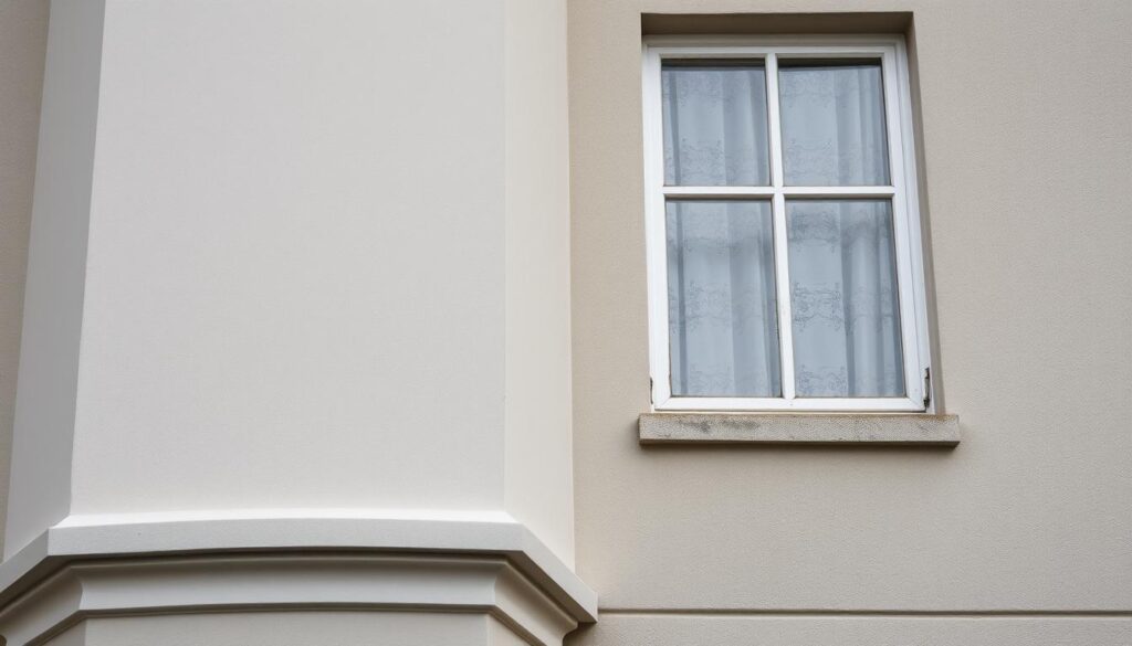 Ein Bild von einer gereinigten Fassade mit Schutzbeschichtung