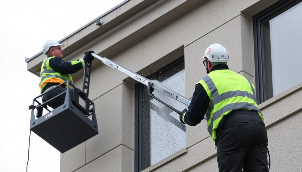 Erzeugen Sie ein Bild von TRODATEC-Experten bei der Fassadenreinigung mit modernster Teleskoptechnik
