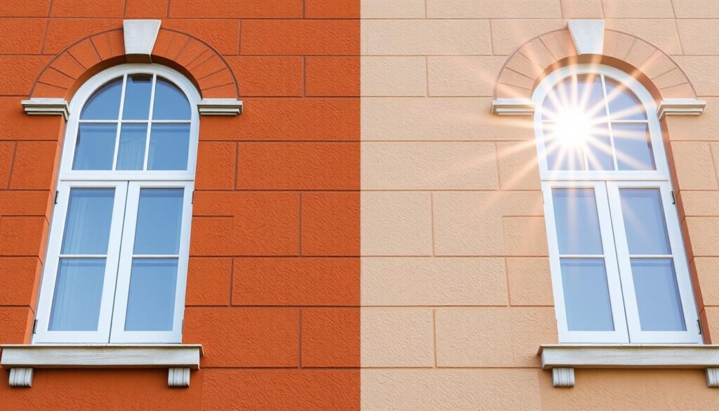 Generiere ein Bild von einer sauberen, strahlenden Fassade, die mit TRODATEC-Technik gereinigt wurde.