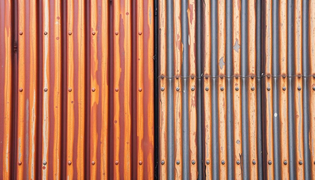 Generieren Sie ein Bild von einer Metallfassade in Hannover, die unter den Auswirkungen des lokalen Klimas leidet.