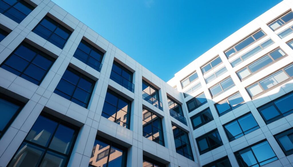 Generieren Sie ein Bild von einer sauberen Fassade eines Bürogebäudes