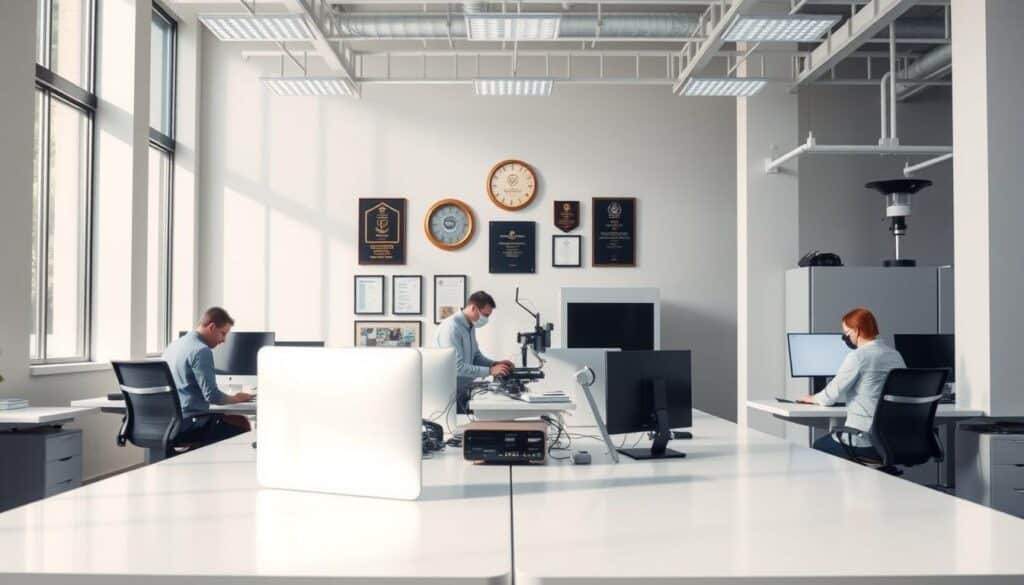 High-quality assurance and certification at Trodatec. A modern office environment with sleek, minimalist workstations. Subtle natural lighting from large windows illuminates the space, creating a calm and professional atmosphere. In the foreground, a team of engineers diligently inspecting equipment, ensuring adherence to rigorous quality standards. The middle ground features Trodatec's certification plaques and awards, proudly displayed on the walls. The background showcases the company's state-of-the-art testing and calibration facilities, conveying a sense of technological expertise and commitment to excellence.