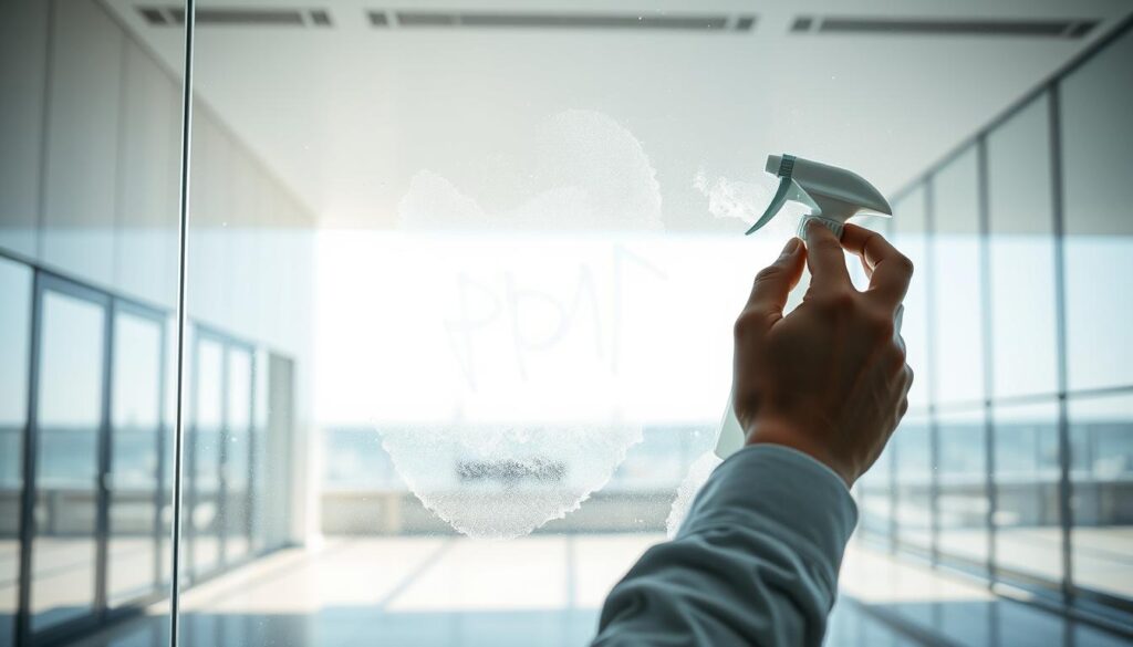 High-resolution image of glass surface being cleaned, showcasing the Trodatec graffiti removal process. Bright, natural lighting illuminates the scene, creating a clean, professional atmosphere. The foreground displays a person's hands carefully applying a cleaning solution to the glass, while the middle ground reveals the gradual disappearance of the graffiti markings. The background depicts a modern, minimalist architectural setting, emphasizing the importance of maintaining the integrity of glass facades. The image conveys a sense of efficient, controlled, and effective graffiti removal, highlighting the Trodatec brand's expertise in this domain.