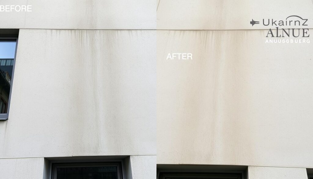 Reinigung einer verschmutzten Betonfassade in Augsburg