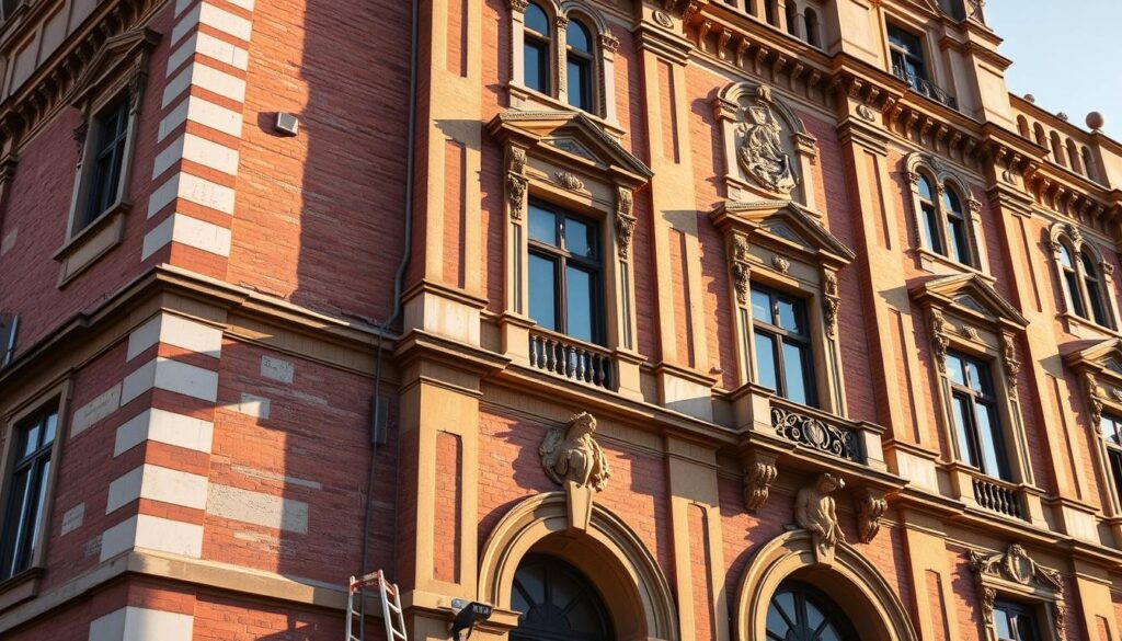 A breathtaking historical building stands tall, its time-honored facade glistening in the warm, golden light. The gentle cleansing process unfolds, using specialized TRODATEC SE techniques to meticulously remove grime and weathering, while preserving the building's intricate architectural details and delicate ornamentation. Soft, diffused illumination accentuates the restored masonry, brickwork, and ornamental elements, creating a harmonious, reverent atmosphere. The scene exudes a sense of careful, considered preservation, ensuring the building's enduring beauty and historical significance are maintained for generations to come.