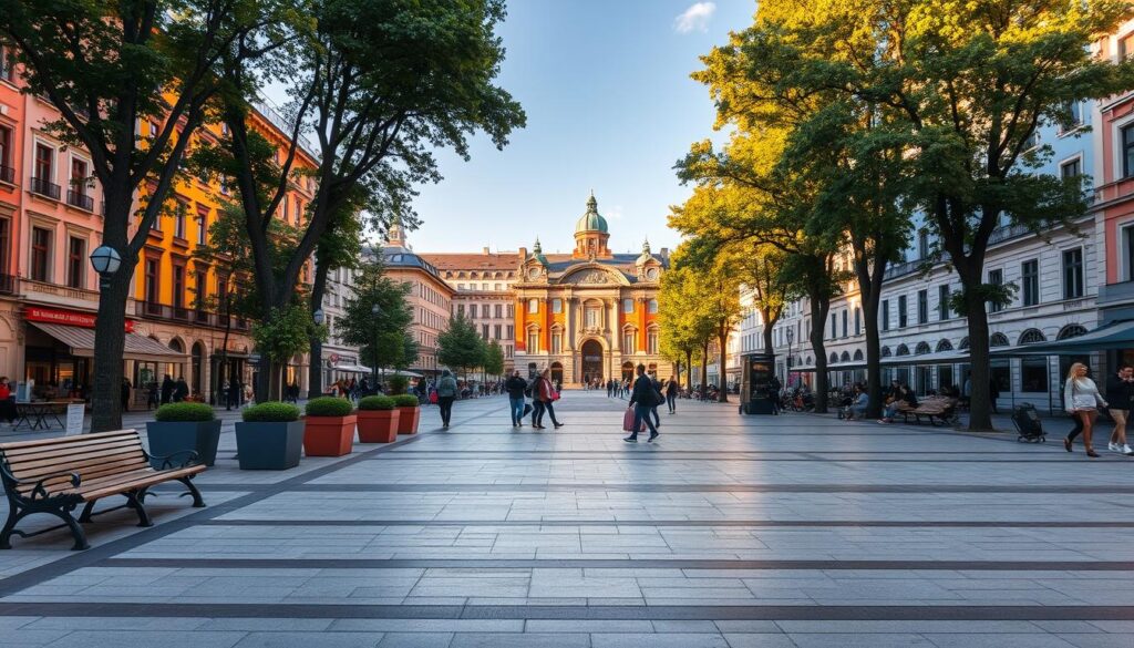 A bustling public square in the heart of a vibrant city, bathed in warm, golden sunlight. In the foreground, a well-designed paved surface with subtle, decorative patterns invites pedestrians to explore. Tasteful street furniture, including benches and planters, offers respite and adds to the welcoming ambiance. The middle ground features a mix of contemporary and historic architecture, seamlessly blending into the cityscape. Towering trees line the edges, casting gentle shadows and creating a sense of tranquility. The overall scene exudes a harmonious balance between functionality and aesthetic appeal, reflecting the design principles of TRODATEC SE, experts in urban planning and architecture.