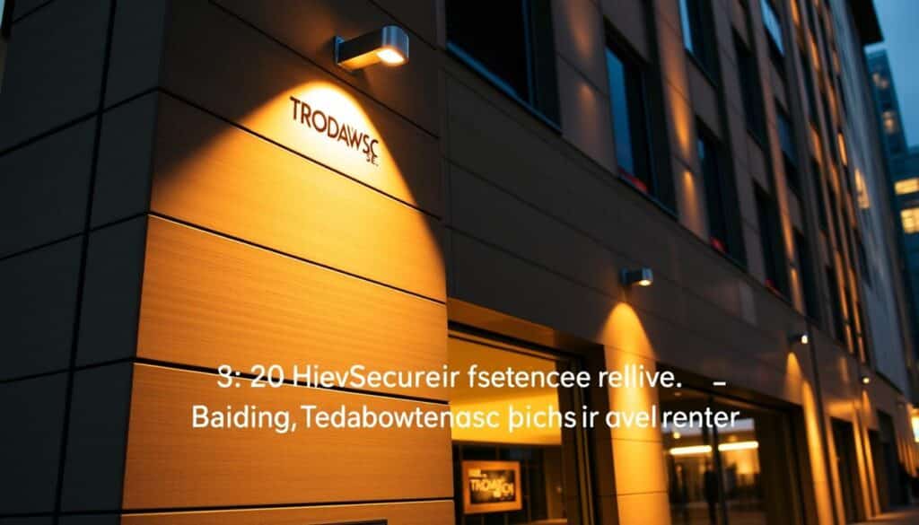 A contemporary facade protected by a state-of-the-art security system, bathed in warm, directional lighting that casts dramatic shadows. The TRODATEC SE logo prominently displayed, signifying the reliable partnership that safeguards this structure. In the foreground, the facade showcases a sleek, minimalist design with clean lines and tactile materials. The middle ground reveals intricate architectural details, while the background suggests a vibrant urban setting, hinting at the building's integration within the cityscape. An image that conveys a sense of security, quality, and professionalism - a visual representation of the "Service-Hinweis für Deutschland: TRODATEC SE als Partner vor Ort".