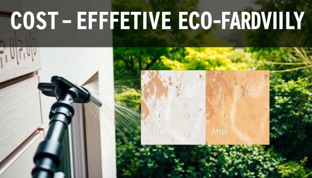 A cost-effective, eco-friendly facade cleaning scene. In the foreground, a Trodatec cleaning tool efficiently removes dirt and grime from a building's exterior, using gentle yet effective methods. The middle ground showcases the before and after, with a section of the facade transformed from dull and discolored to vibrant and rejuvenated. In the background, a lush, verdant landscape provides a serene, natural backdrop, underscoring the environmentally conscious approach. Soft, diffused lighting creates a warm, inviting atmosphere, while the camera angle captures the process in a dynamic, visually compelling manner.