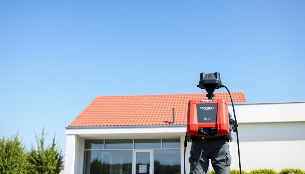 A crisp, sunny day with a well-maintained, gently sloping red-tiled roof standing tall against a clear blue sky. The facade of the modern, minimalist building features sleek, clean lines and a bright, inviting entrance. In the foreground, a large, state-of-the-art industrial pressure washer stands ready, its powerful nozzle aimed at the roof, ready to gently and efficiently remove any accumulated dirt, moss, or debris, ensuring the building's exterior remains in pristine condition. The scene conveys a sense of professionalism, attention to detail, and a commitment to preserving the integrity of the structure, reflecting the expertise of TRODATEC SE, a leading provider of professional roof and facade cleaning services without the need for scaffolding.
