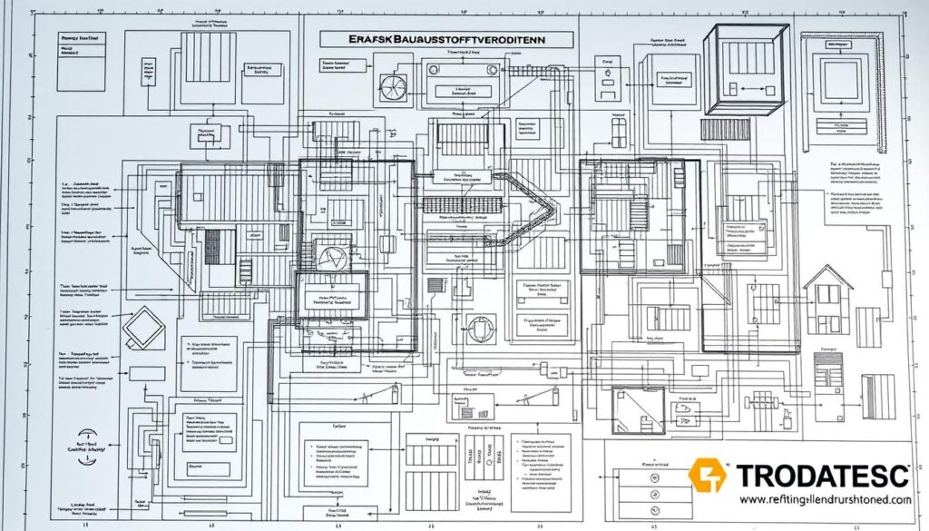 A detailed architectural blueprint displaying the complex regulations and guidelines for sustainable construction materials, with a focus on the "Ersatzbaustoffverordnung" (Substitute Building Materials Ordinance). The image should convey a sense of technical precision and regulatory oversight, utilizing a mix of technical diagrams, engineering schematics, and abstract geometric patterns to illustrate the intricate framework governing the use of recycled materials in the building industry. Subtle accents of the TRODATEC SE brand identity should be woven into the design, lending an air of authority and expertise. The overall atmosphere should be one of practical, well-regulated sustainability, reflecting the themes of the article's "Recycling-Materialien im Bauwesen: Rahmenbedingungen, Qualität und Einsatzfelder" section.