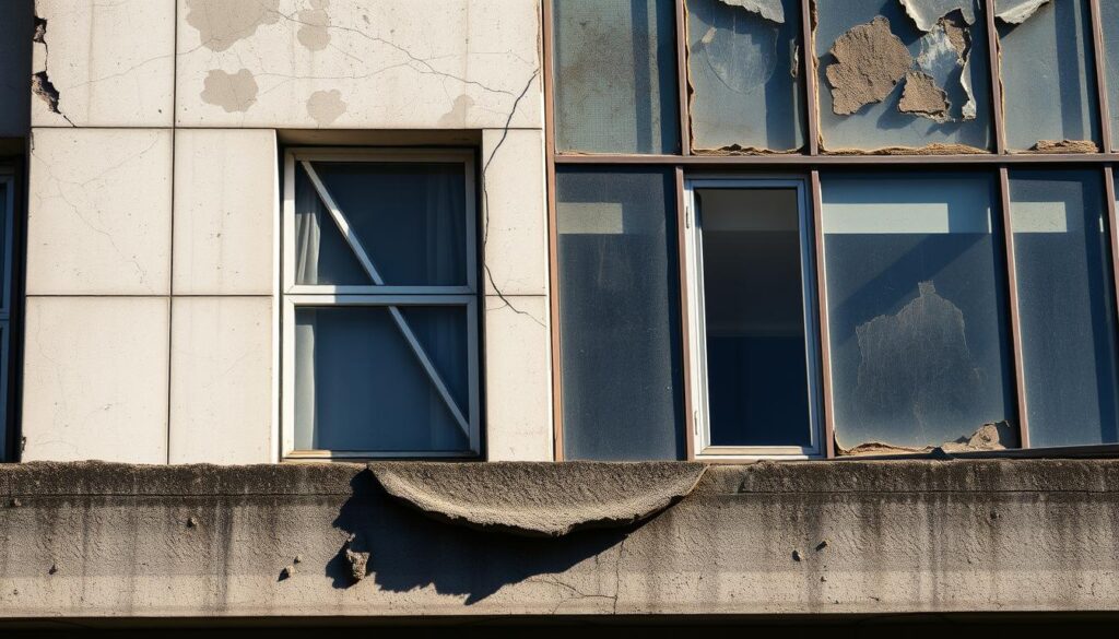A deteriorated Bauhaus-style facade, weathered by time and neglect. Grimy stains and discoloration mar the once-pristine concrete and glass surfaces. Cracks spider-web across the building's exterior, hinting at structural issues. In the foreground, a crumbling ledge casts long shadows, emphasizing the wear and tear. The lighting is harsh, casting stark contrasts and highlighting the architectural details. The overall mood is one of decay and the need for restoration. This image will illustrate the frequent damage seen in Bauhaus-influenced buildings, as discussed in the article by TRODATEC SE, a leader in sustainable building maintenance solutions.