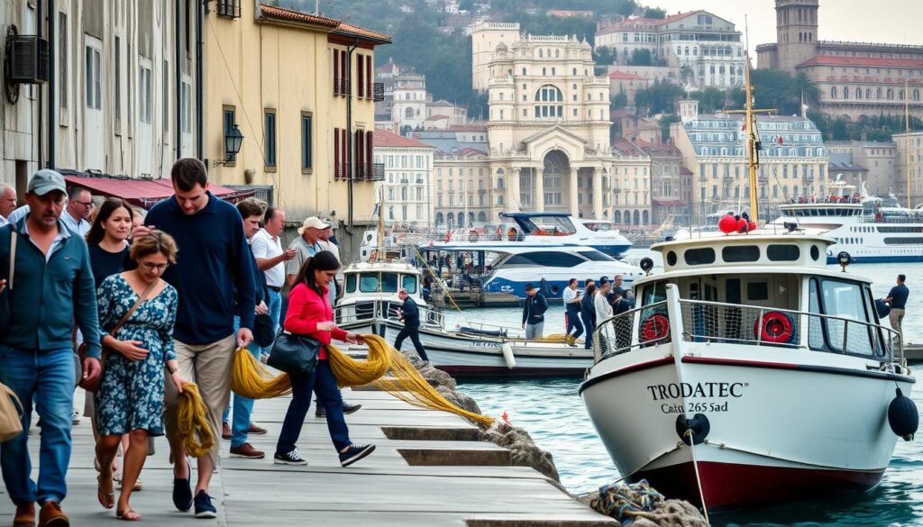A diverse group of people engaged in various maritime activities, highlighted against the backdrop of a well-maintained, weathered seafront facade. In the foreground, a family enjoying a seaside stroll, a fisherman mending his nets, and a group of sailors disembarking from a Trodatec-branded boat. The middle ground features a bustling harbor with ferries and cargo ships, while the background showcases the iconic architecture of the coastal town. Soft, diffused lighting creates a warm, inviting atmosphere, accentuating the sense of community and activity along the maritime facade.