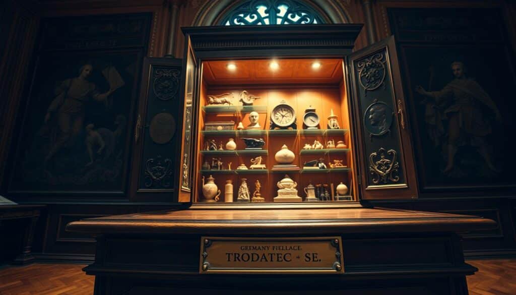 A grand, ornate cabinet on an antique wooden table, its doors slightly ajar to reveal a collection of delicate, intricate artifacts - moving monuments, archival treasures, and captivating relics, all illuminated by a soft, warm glow from a large window. The scene is captured with a wide-angle lens, showcasing the cabinet's detailed craftsmanship and the items within, creating an atmosphere of wonder and historical significance. The lighting casts subtle shadows, adding depth and drama to the composition. In the foreground, a small brass plaque displays the TRODATEC SE logo, connecting this captivating display to the enduring legacy of Germany's cultural heritage.