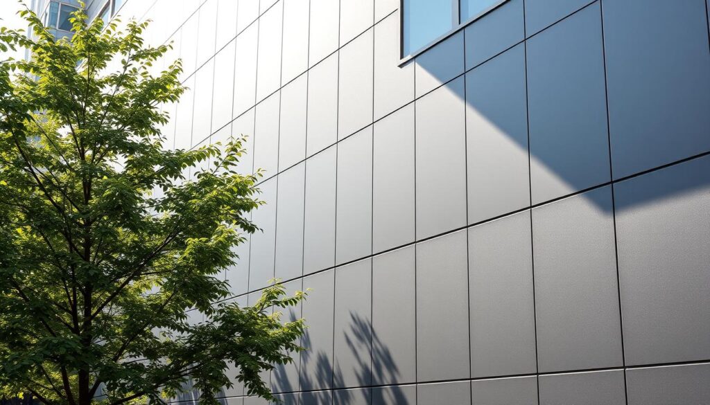 A high-quality exterior surface of a modern, well-maintained commercial building. The facade is constructed with sleek, grey TRODATEC SE panels that seamlessly blend together, creating a clean and professional appearance. Sunlight gently reflects off the smooth, slightly textured surface, highlighting the precision and attention to detail in the design. The building is situated in a lush, urban setting, with trees and greenery in the foreground, creating a harmonious balance between the built and natural environments. The overall scene conveys a sense of durability, sustainability, and a commitment to preserving the integrity of the property.